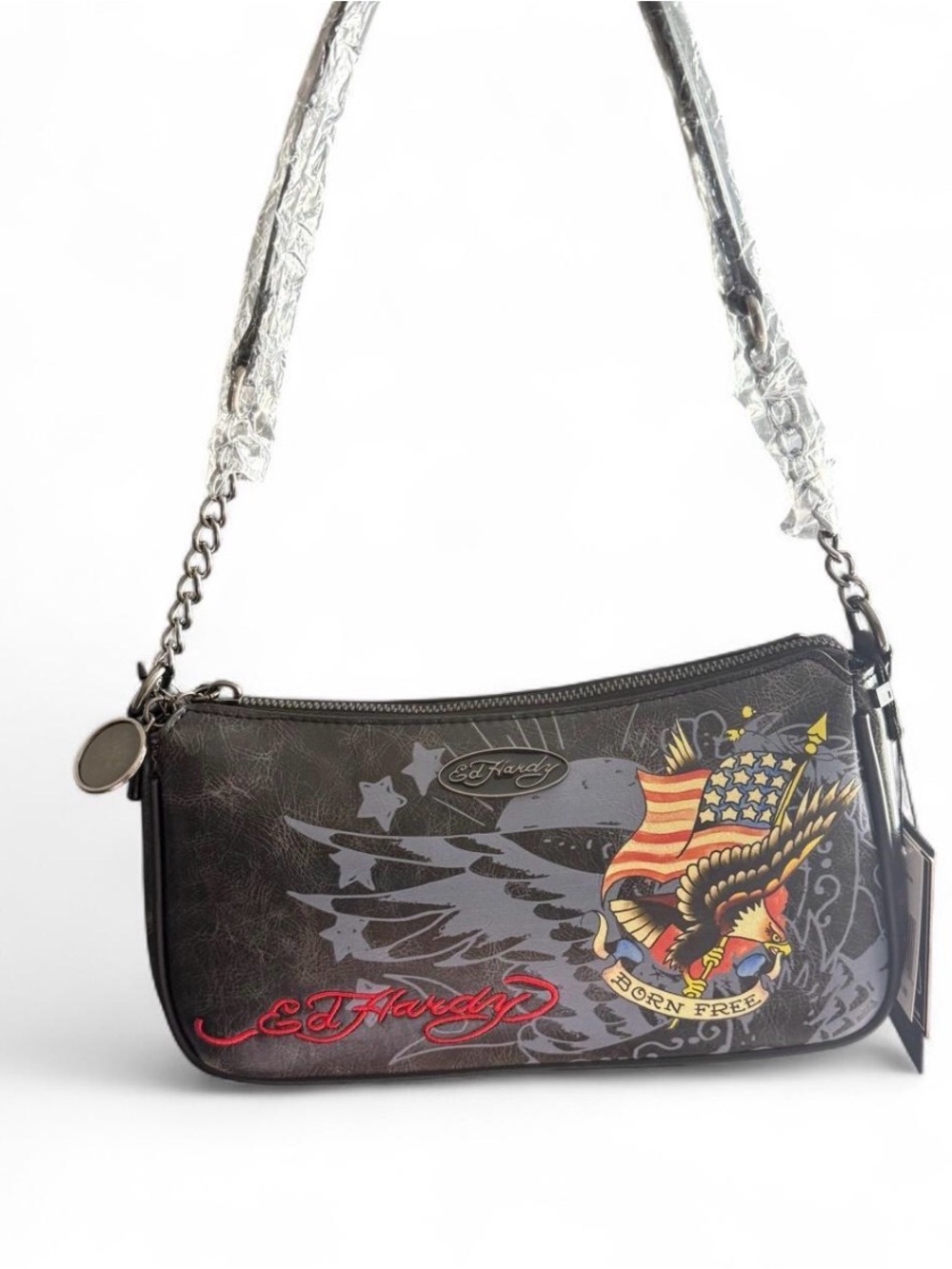 Ed Hardy Black Eagle & Flag Graphic Messenger Bag